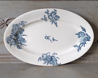 1800's Antique French Ironstone Oval Platter, Blue Transferware, Floral, Roses, Flowers and plants, Country decor, French Brocante   M2078