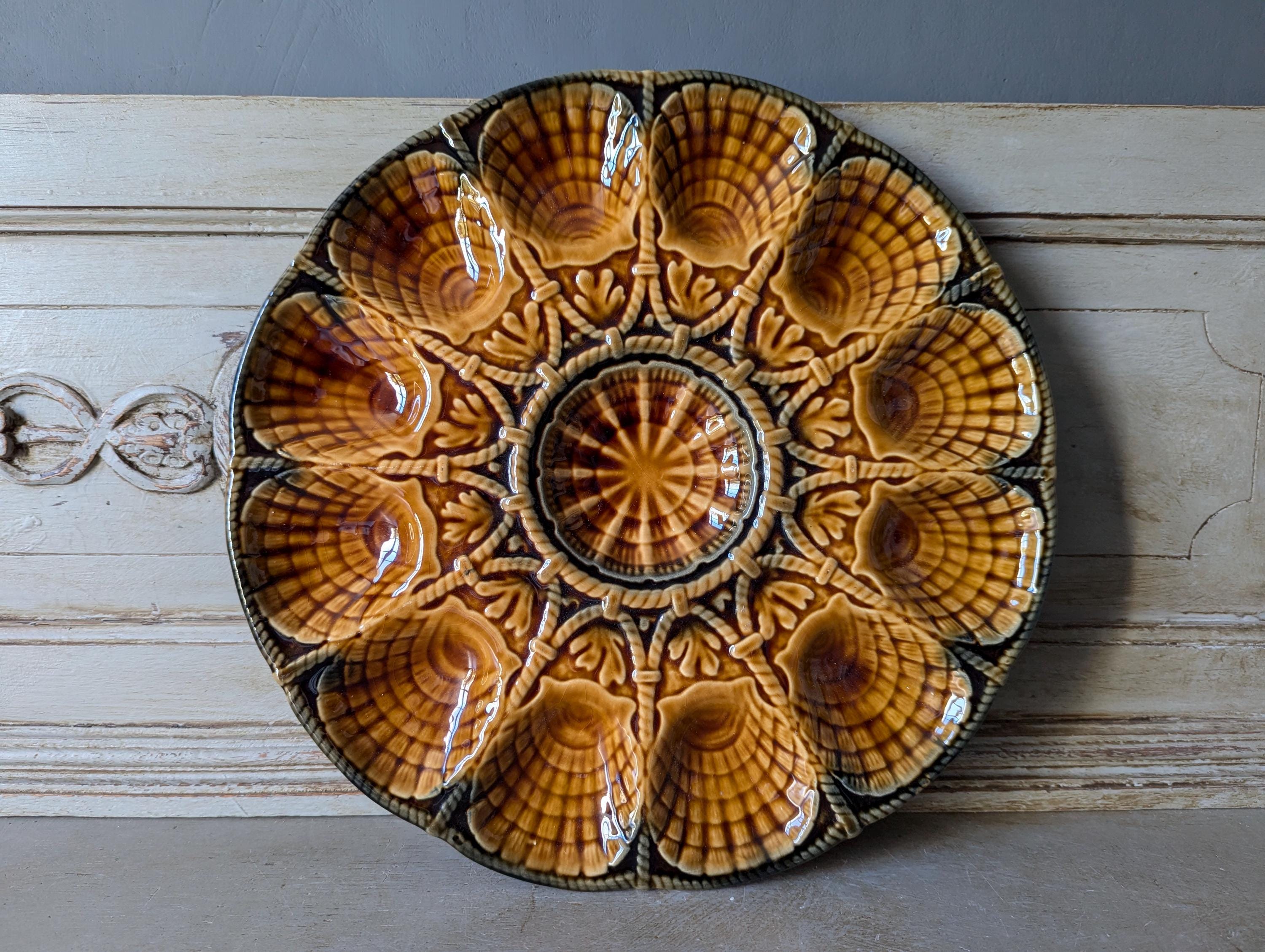 SUPERB LARGE French Antique Majolica Oyster Platter, Serving Plate, Seafood, Sarreguemines Platter, Dinner Plate Tableware M2375
