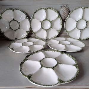 French Vintage Oyster Plates, Made by Gien, Mid-Century, Green and White, Seafood platters, Dinner Party Service, Tableware, Brocante M2447