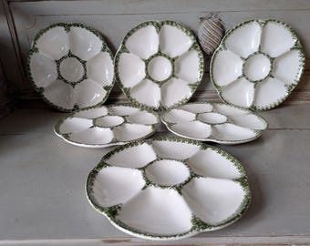 French Vintage Oyster Plates, Made by Gien, Mid-Century, Green and White, Seafood platters, Dinner Party Service, Tableware, Brocante M2447