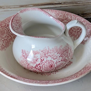 LARGE Antique French Red 1800&#39;s Floral Transferware Wash Bowl and Jug, Jardiniere, floral home decor, flowers, Toilet, Bath Set   M2502