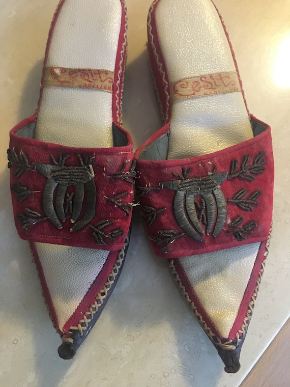 Antique/vintage Greek Leather handmade slippers wi