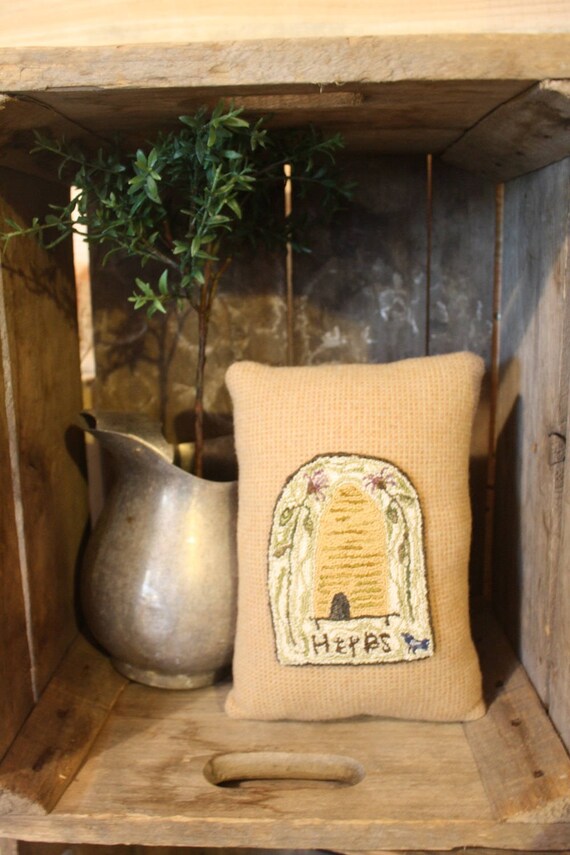 Items similar to Primitive Punch Needle Pillow Herbs Bee Skep