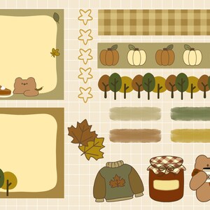 Op de afbeelding: Een set digitale stickers met herfstthema's, waaronder een beer, een pompoentaart, een trui, een pot jam en bomen. De stickers zijn in cartoon-stijl en perfect om een ​​herfsttint aan je digitale planner of dagboek toe te voegen.