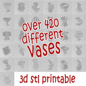 Può includere: Oltre 420 diversi modelli di vasi stampabili in 3D. L'immagine mostra una varietà di modelli di vasi in grigio, con il testo "over 420 different vases" e "3d stl printable" in rosso.