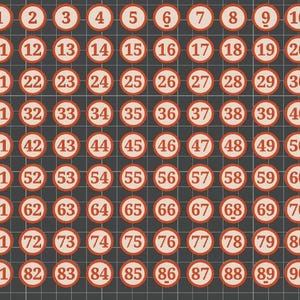 May include: A grid of 90 numbered circles. Each circle has a white center with a red border and a red number from 1 to 90. The circles are arranged in a 9x10 grid on a dark gray background.