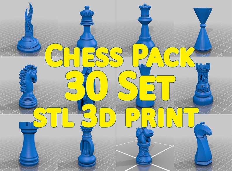 Pack d'échecs 30 jeux 6 fichiers stl 3D imprimables en échiquier image 1