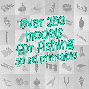 Könnte beinhalten: Eine Anordnung von 3D-gedruckten Angelmodellen in verschiedenen Formen und Größen. Der Text auf dem Bild lautet "over 250 models for fishing 3d stl printable."