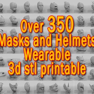 Può includere: Una griglia di maschere ed elmi renderizzati in 3D con vari design. L'immagine include il testo "Over 350 Masks and Helmets Wearable 3d stl printable."