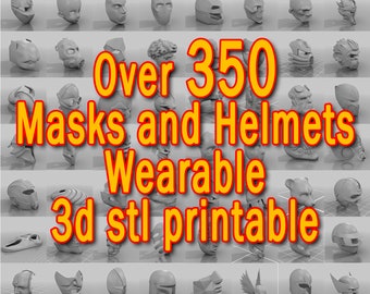 May include: A grid of 3D-rendered masks and helmets in various designs. The image includes text that reads "Over 350 Masks and Helmets Wearable 3d stl printable."