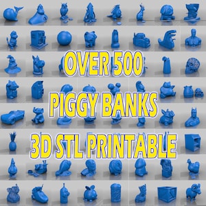 Könnte beinhalten: Über 500 3D-druckbare Sparschweine. Das Bild zeigt eine Vielzahl von blauen Sparschweinen in verschiedenen Formen, darunter Tiere, Figuren und Objekte. Der Text "OVER 500 PIGGY BANKS 3D STL PRINTABLE" ist in gelben Buchstaben auf blauem Hintergrund dargestellt.