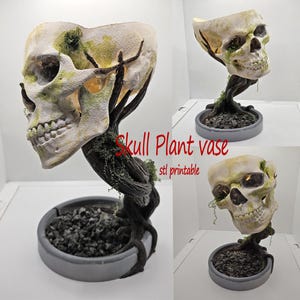 Peut inclure: Un vase à plante en forme de crâne imprimé en 3D avec un design de tronc d'arbre. Le crâne est blanc avec de la mousse verte et le vase est gris. Le texte "Skull Plant vase stl printable" est visible sur l'image.