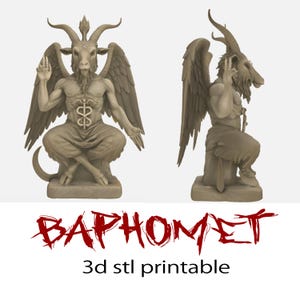 May include: A light brown statue of Baphomet, a goat-headed deity, with large wings and a caduceus symbol on its torso. The statue is in a seated position with one hand raised. The text "BAPHOMET" and "3d stl printable" are below the statue.