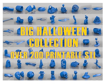 May include: A grid of blue 3D-printed Halloween-themed objects, including skulls, ghosts, and a cauldron. The text "BIG HALLOWEEN COLLECTION" and "OVER 200 PRINTABLE STL" are displayed in yellow.