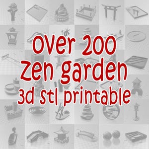 Könnte beinhalten: Über 200 3D-druckbare Zen-Garten-Designs. Das Bild zeigt eine Vielzahl von Miniatur-Zen-Gartenelementen, darunter eine Pagode, eine Brücke, eine Laterne, einen Rechen und einen Steinweg.