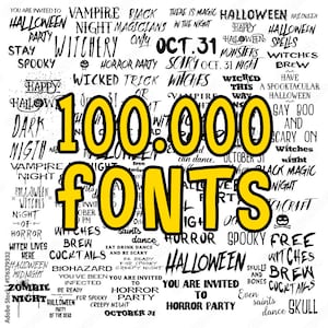 Può includere: Una grafica gialla e nera con il testo "100.000 FONT" in grandi caratteri grassetto. Lo sfondo è bianco con testo nero, tra cui parole come "Halloween", "Vampiro", "Streghe", "Horror", "Festa" e "Spettrale".