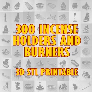 以下が含まれることがあります： 3Dプリント可能な香炉とバーナー300個のコラージュ。画像には、動物、幾何学模様、伝統的なアジアのモチーフなど、さまざまなデザインが示されています。テキスト「300 INCENSE HOLDERS AND BURNERS 3D STL PRINTABLE」は、赤色の輪郭のある黄色の文字で表示されています。
