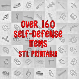 Könnte beinhalten: Eine Collage mit über 160 selbstgemachten Gegenständen zur Selbstverteidigung, die STL-druckbar sind. Die Gegenstände sind alle in Graustufen gehalten und in einem Raster angeordnet. Der Text "over 160 self-defense items STL printable" ist rot und in der Mitte des Bildes zentriert.