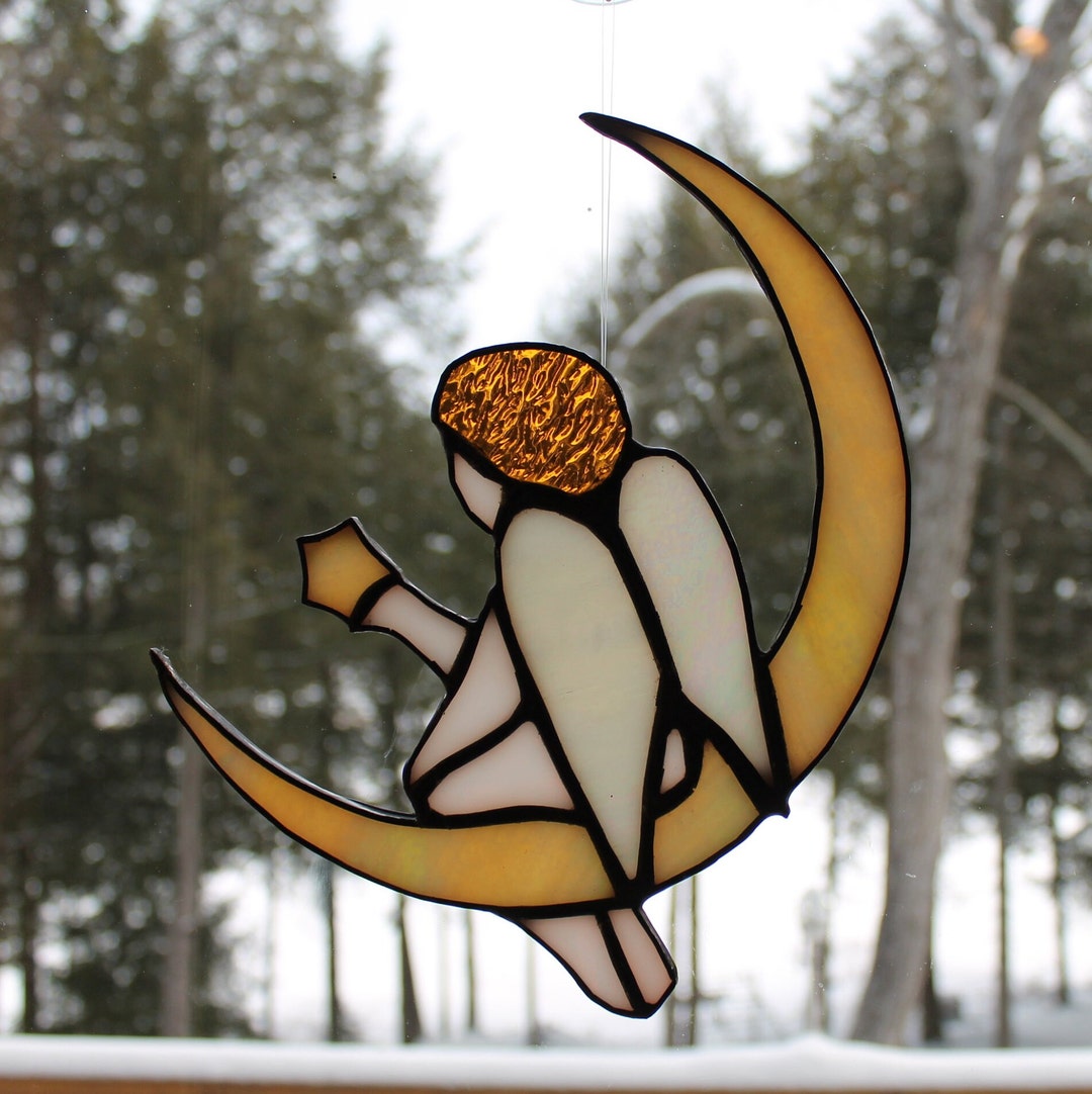 Stained Glass Angel Sitting on the Moon - Etsy