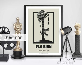 Platoon Print, Alternative Movie Poster, Rifle, Helmet, Weapon, Vietnam War, Minimal Movie Art, White Border, Cinephilia, Movie Fans Gift