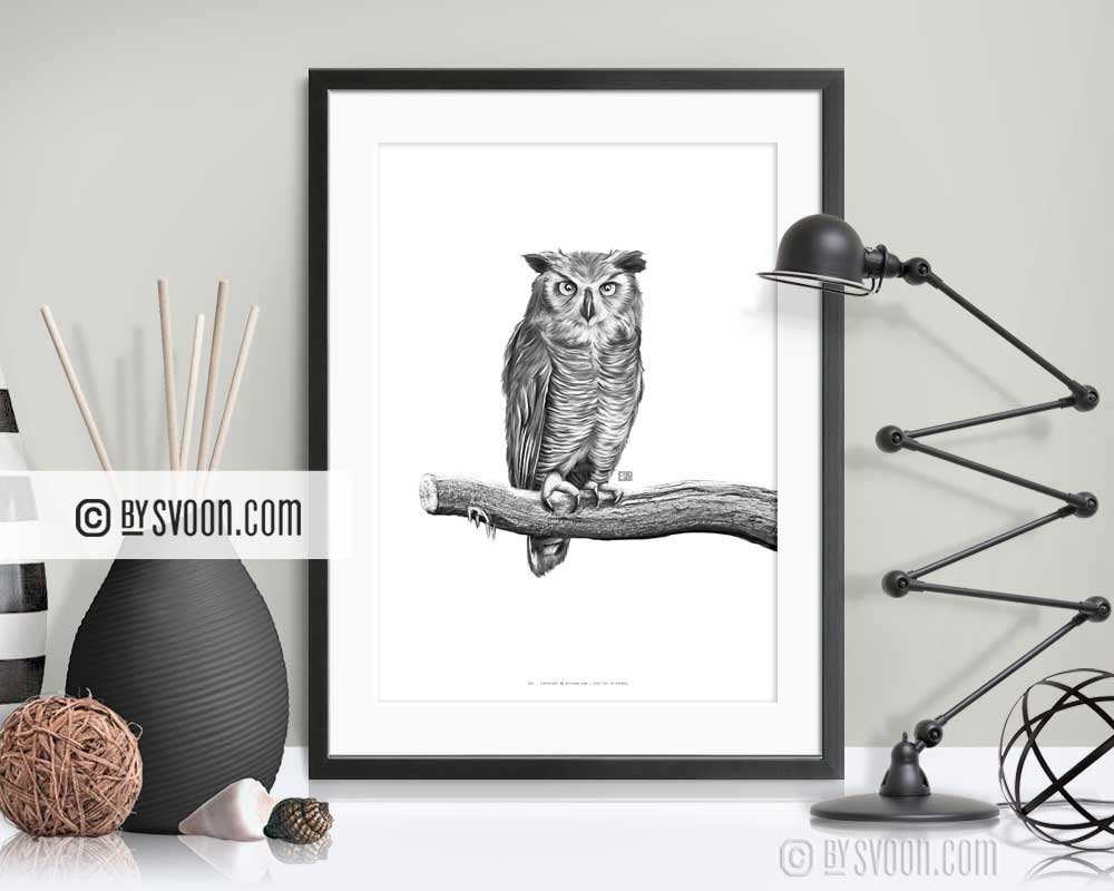 Owl On A Branch Print, Sitting Owl Poster, Black & White, Artistic Drawing, Animal Illustration,