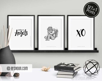 Set of 3 Trend Prints, I Believe In Angels, Crying Angel, XO Kiss, Fashion Prints, Black&White Illustrations, Quality Prints, Trend Gift Set