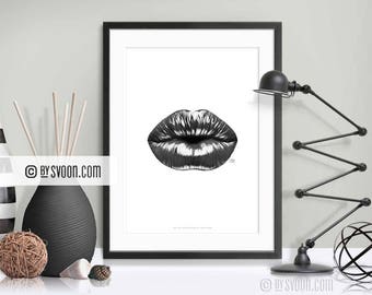 Black Kiss Print, Black Lips Poster, Black & White, Lips Drawing, Black Shiny Kiss, Artistic Style, Digital Art, Gift, Fashion Design, Love