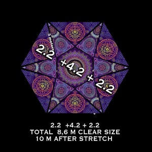 8.6x8.6 m UV-Reactive Ceiling Decoration, festival canopy, Flower Of Life violet medium star set, Psytrance Fluorescent Party