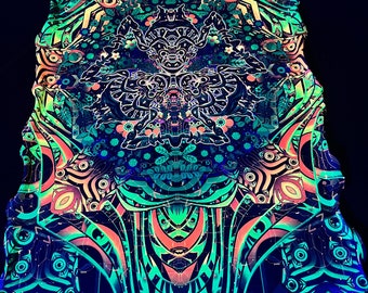 Trippy Shamanic Circle Neon Wall Art Print on Lycra Fabric - Long Vibrant Psytrance Decor, Visionary Art
