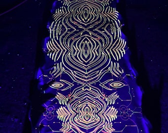 Long UV Reactive Psychedelic Tapestry - Trippy Art Installation "Fractal Mandala"