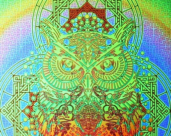 Uv backdrop "YELLO OWL" Uv reactive owl tapestry Glow Party Psychedelic Poster Meditation room Synthwave Futuristic Visionary Art Neon light
