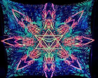 Psychedelic 3D Print Art installation, UV reactive tapestry, 1 Layers Mesh + 1 Layer Satin Print, Glow in the dark, Textile Neon Sign Art