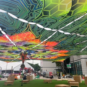 26x26m Big Festival Canopy, Psychedelic Art Trippy Party Lycra Decor Psytrance Fluorescent Glow - Dragon tales 2