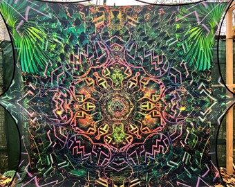 SACRED FLOWER 2 Layers Mesh Prints + 1 Satin Print, Blacklight Spiritual Tapestry fractal art Fabric Poster Aesthetic, Trippy wall art