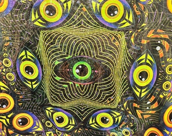 Psychedelic Blacklight Tapestry - Sacred Geometry UV Print 'Many Eyes', Trippy Wall Deco