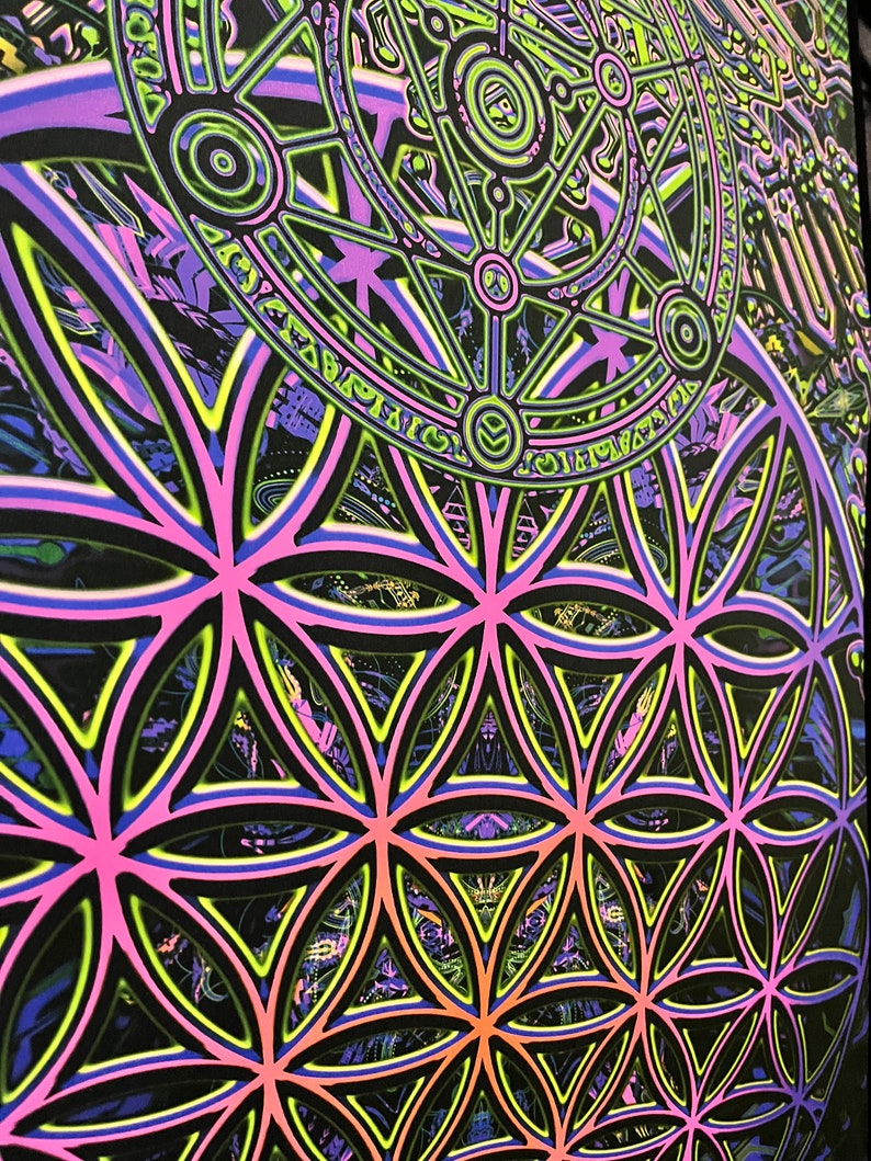 Sacral Gates Art Print on Lycra Psychedelic Canvas UV: Sacred Geometry and Spiritual Trance, Buddha Wall Art, UV printing, Party decor image 6
