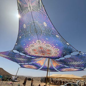 UV reactive set, personal order canopy or Dj Stage, psychedelic festival, party psytrance, UV DJ Booth, glow blacklight trippy installation