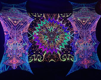 SunFlower Satin Pint +  Trishul  4 layers mesh prints, Blacklight Spiritual Tapestry fractal