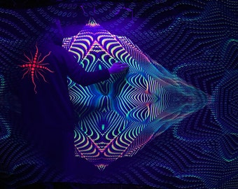FRACTAL 2 Layers Long Mesh Prints 3D Installation, Blacklight Spiritual Tapestry fractal art Fabric Poster Aesthetic
