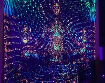 Psychedelic backdrop, Blacklight Spiritual Tapestry fractal art Fabric Poster Aesthetic Meditation room Techno