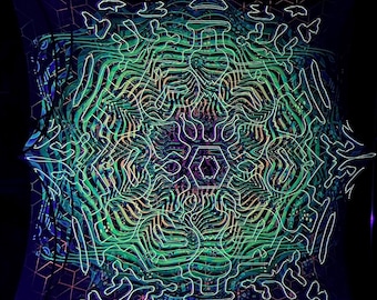 3D Fractal UV Tapestry, Blacklight Psychedelic Mesh (2 Layers), Sacred Geometry