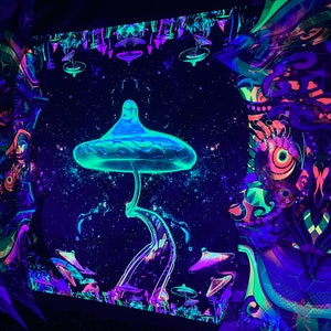 Puede incluir: Un p&oacute;ster de luz negra con un dise&ntilde;o psicod&eacute;lico que presenta un hongo azul brillante con un tallo en espiral y un fondo estrellado. El p&oacute;ster est&aacute; enmarcado por un borde de patrones coloridos e intrincados.