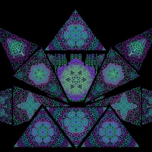 BIG dj Stage UV-Reactive Psychedelic Decoration, Blacklight Festival art Trippy installation Fluorescent Glow Lycra DJ Booth vision