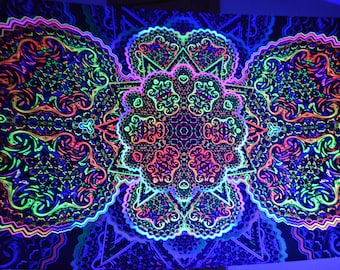 UV-Reactive backdrop - Mandalaas - Fluorescent Tapestry Visionary psychedelic Art blacklight Psy trance party Sacred Geometry Neon light