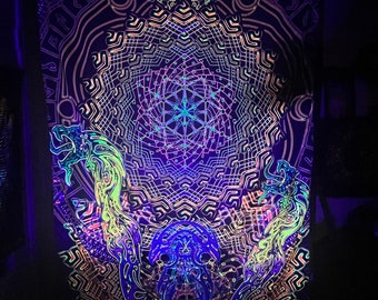 Spiritual Tapestry SACRAL PORTAL DRAGONS Blacklight trippy tapestry Glow Party Psychedelic Poster Meditation room Techno Mindfulness gift