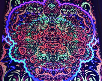 UV reactive backdrop Lucha tapestry, psychedelic poster, sacred geometry, meditation room, visionary art, neon light psytrance party