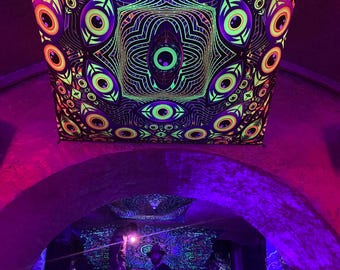 Glow in the Dark Psychedelic Tapestry, Trippy Neon Sign Art, UV Festival Rave Party Decor Many Eyers, Blacklight DJ Booth
