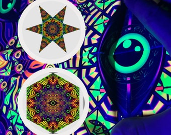 Set 1 Lycra Art Print & 1 Mesh UV fab, Festival Installations, Fluorescent Spiritual 3D Tapestry, Many Eyes Design, Sacred Geometry Wall Art