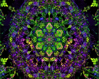 Futuristic UV black light Mandala Tapestry: Sacred Geometry Multicolor Ornament on Lycra