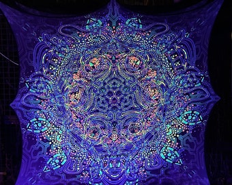 Indonesia 2 Layers Mesh Prints 3D Installation, Blacklight Spiritual Tapestry fractal art Fabric Poster Aesthetic